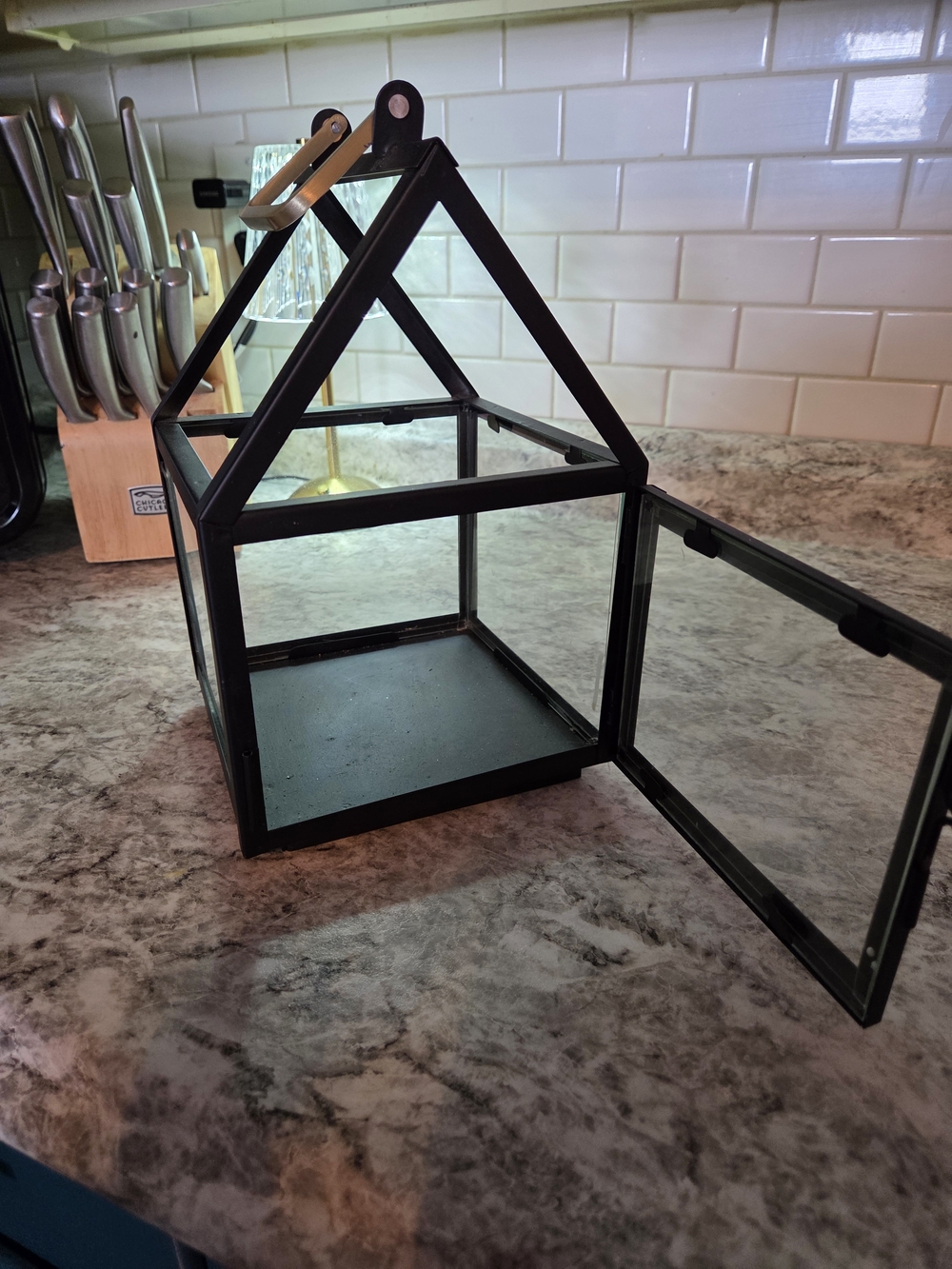 Black Glass and Metal House Terrarium Lantern